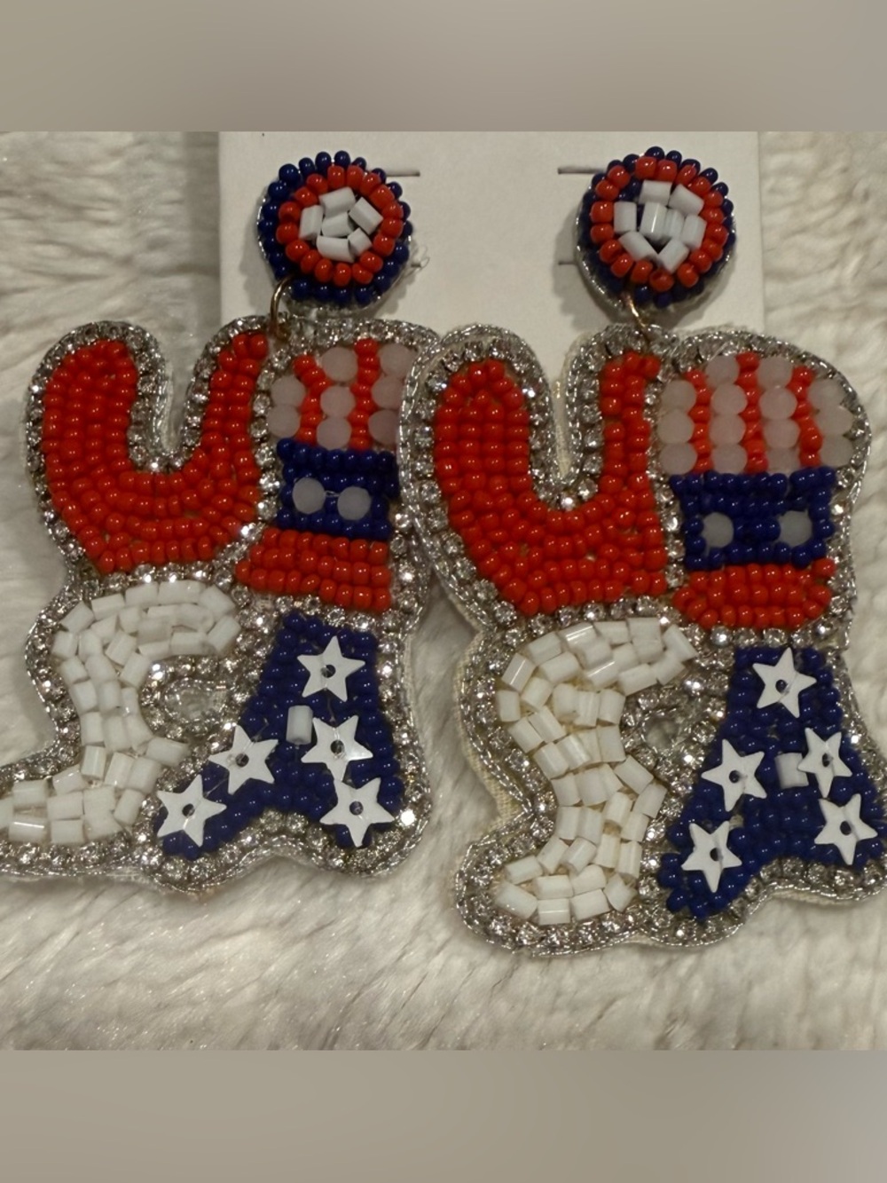 Patriotic Beaded Cowboy Boot Earrings - Red White Blue
